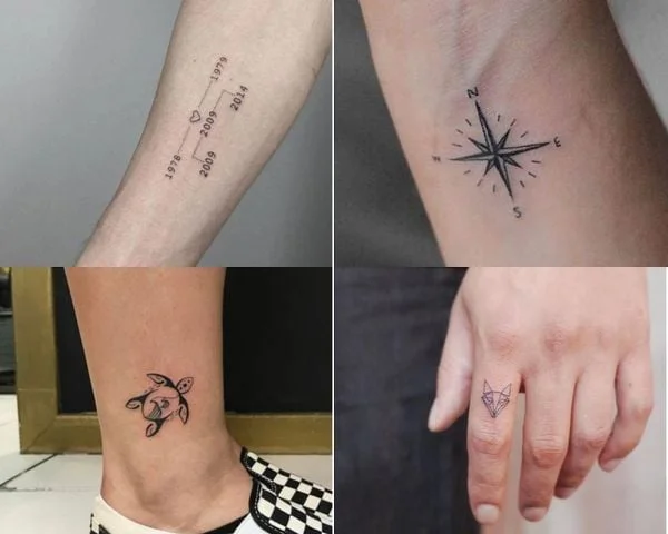 Bộ sưu tập hình xăm mini đẹp gồm hình la bàn, họa tiết thiên nhiên và hình học trên cánh tay, cổ chân và ngón tay.