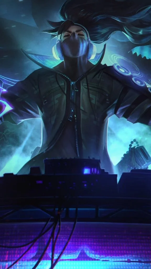Hình nền điện thoại ngầu phong cách DJ cyberpunk với ánh sáng xanh tím