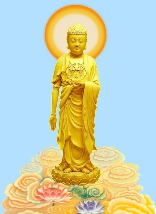 Tượng Phật vàng đứng trên hoa sen biểu tượng Phật bình an
