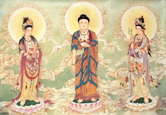 Tây Phương Tam Thánh, ở giữa là A Di Đà Phật, hai bên là Đại Thế Chí Bồ Tát và Quan Thế Âm Bồ Tát