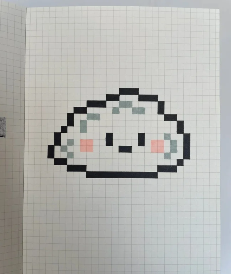 Tranh pixel đơn giản hình đám mây dễ thương vẽ tay trên giấy kẻ ô ly.