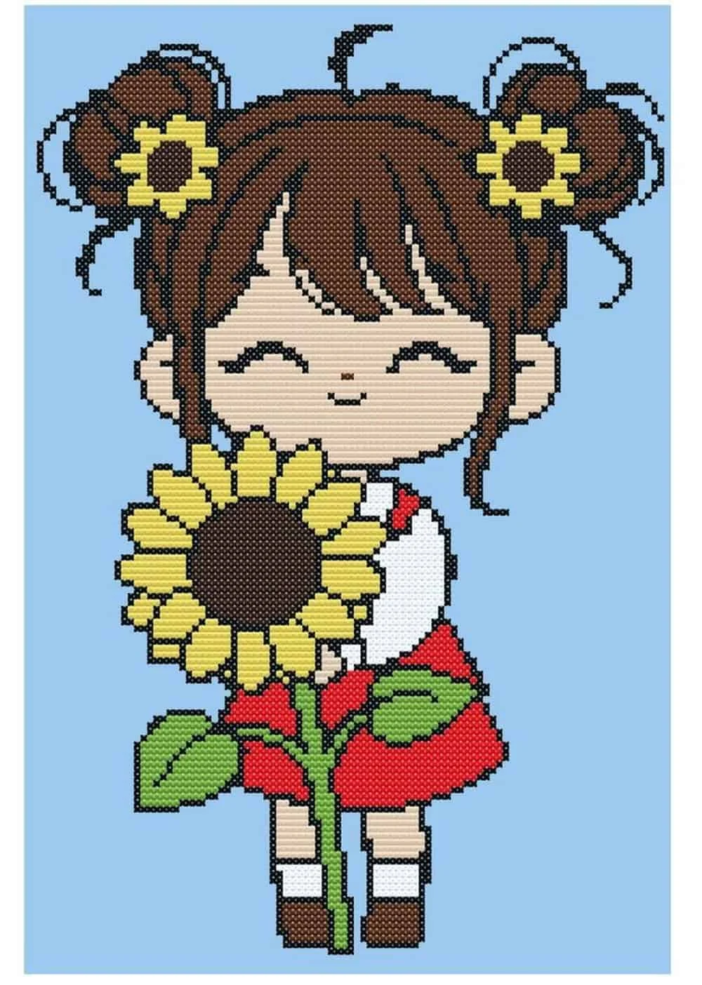 Tranh pixel đơn giản hình cô bé cầm hoa hướng dương