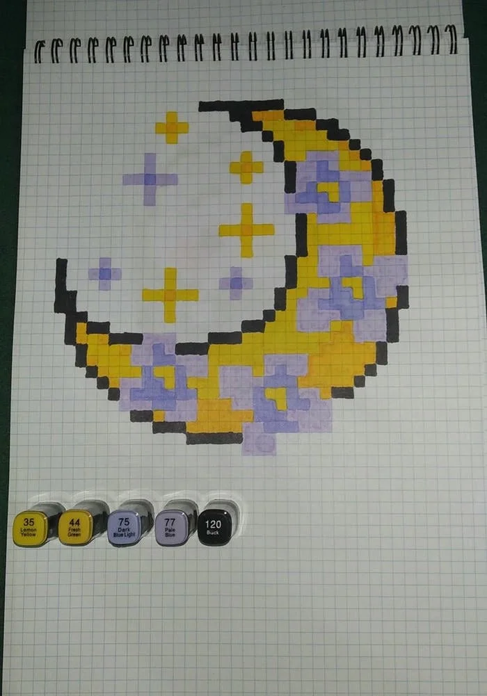 tranh pixel đơn giản hình mặt trăng và hoa