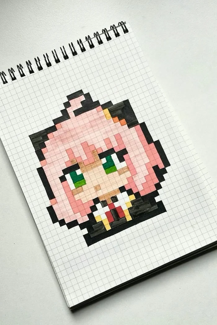 tranh pixel đơn giản hình nhân vật anime trên giấy kẻ ô