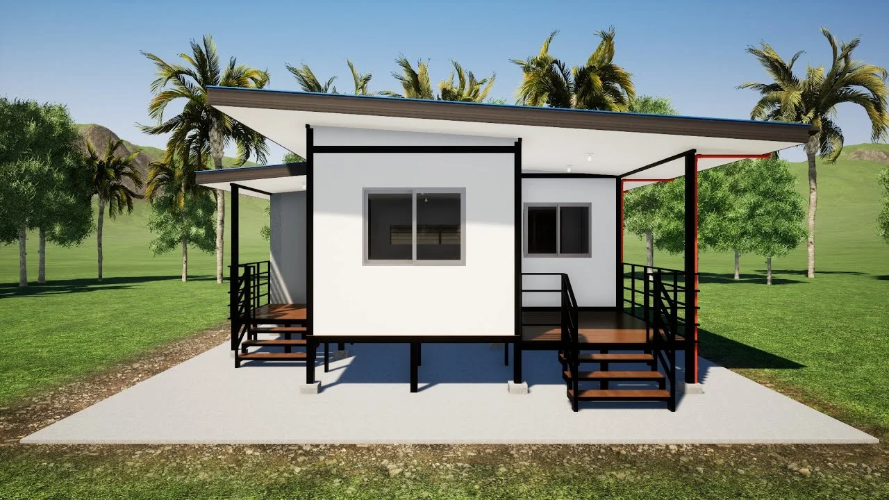 Mẫu nhà cấp 4 đẹp hiện đại mái lệch, hiên rộng và khung đen giữa khu vườn nhiệt đới
