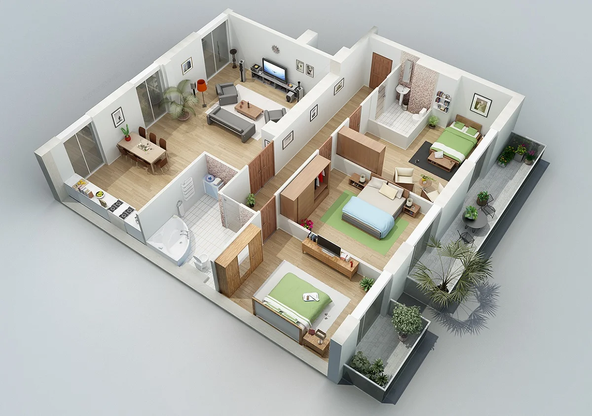 Mô hình 3D nhà cấp 4 đẹp hiện đại với phòng khách, bếp, ba phòng ngủ, phòng tắm và sân hiên