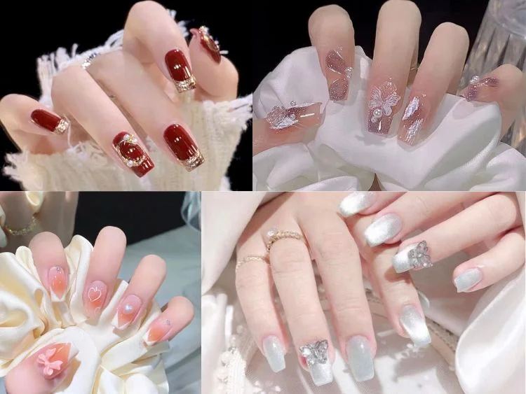 Bộ sưu tập mẫu móng tay đẹp màu đỏ, trắng và pastel với hoa nổi và ngọc trai