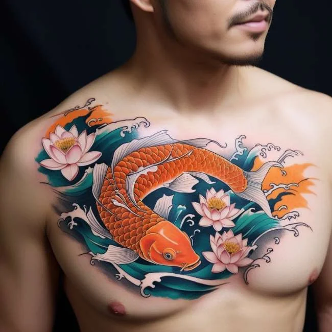 Hình xăm hoa sen kín ngực nam kết hợp cá chép Nhật mang lại sự an nhiên.