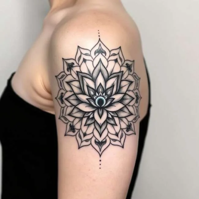 Thiết kế hình xăm hoa sen Mandala tròn cân đối ở bả vai