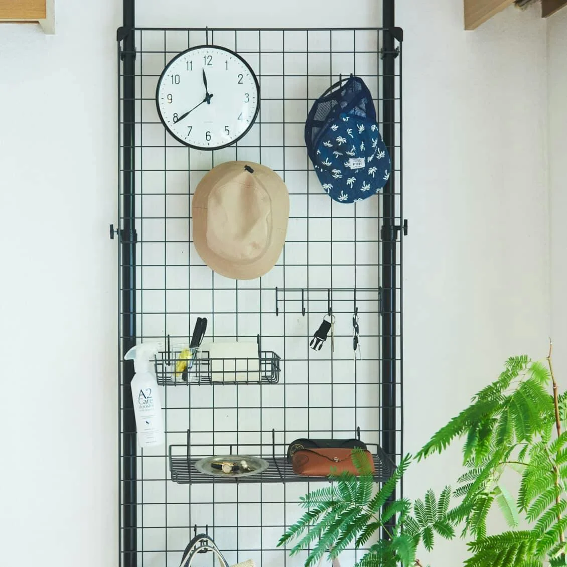 Hình nền chill với bảng lưới treo đồ, đồng hồ, mũ và cây dương xỉ xanh trong căn phòng tối giản