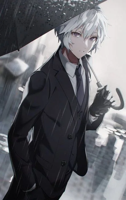 ảnh nền tiktok anime chàng trai mặc vest cầm ô dưới mưa