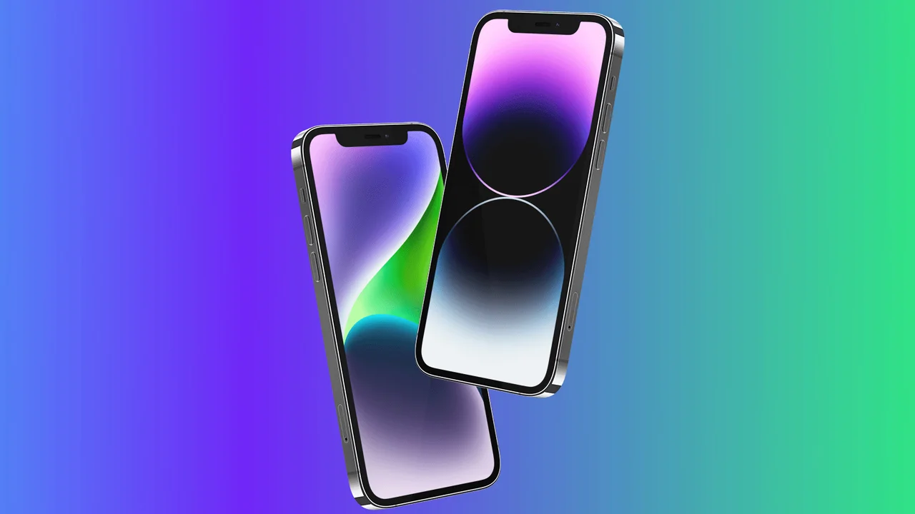 Ba iPhone 14 nổi trên nền chuyển sắc xanh tím với hình nền trừu tượng