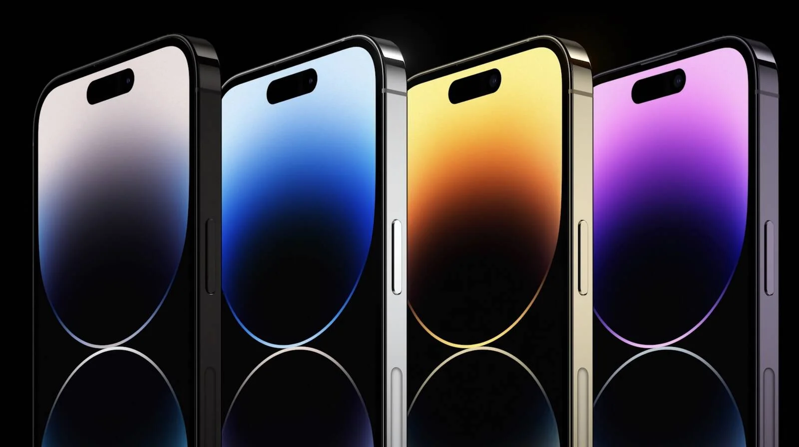 Bộ iPhone 14 hiển thị các hình nền gradient xanh, vàng và tím