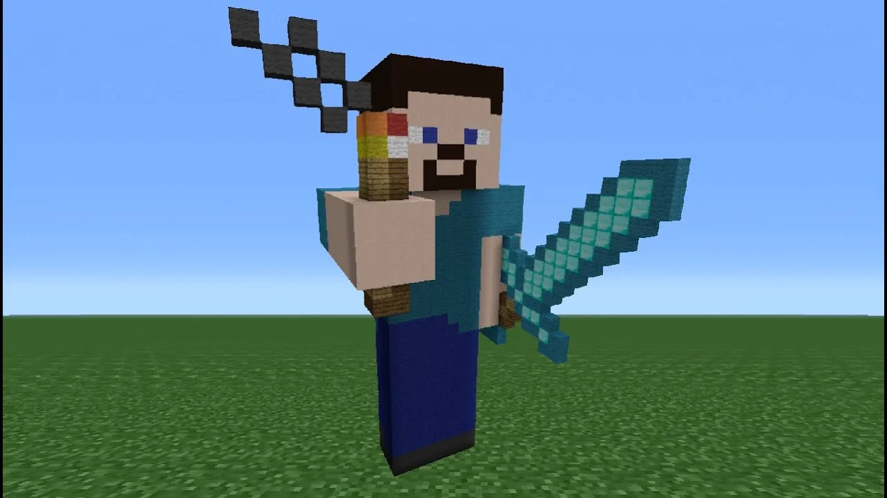 Ảnh avatar mặc định phong cách Minecraft với nhân vật Steve cầm kiếm kim cương trên nền bãi cỏ xanh