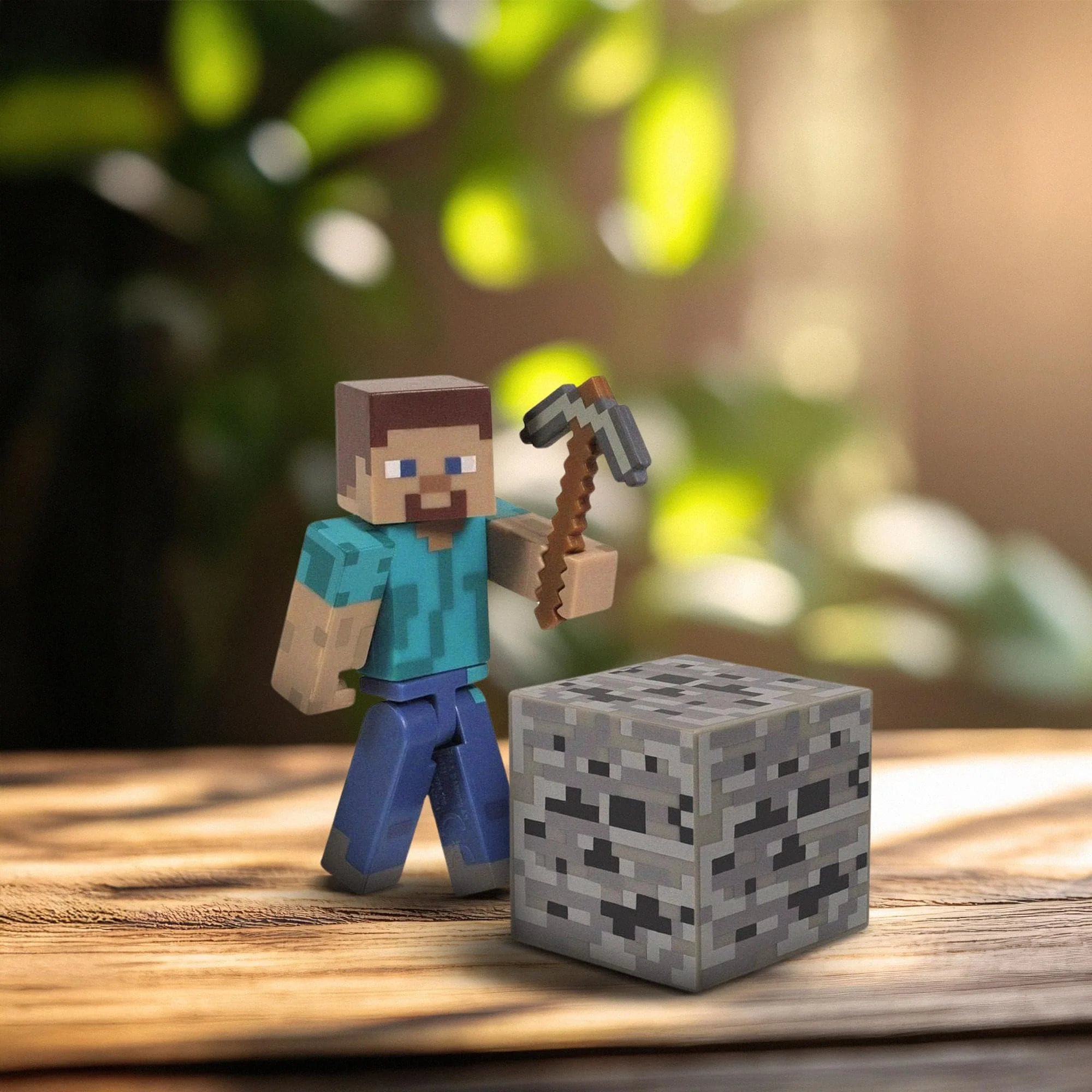 Ảnh avatar mặc định phong cách Minecraft với nhân vật Steve cầm cuốc đứng cạnh khối đá trên bàn gỗ