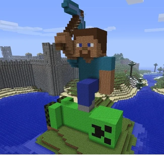Ảnh avatar mặc định Minecraft với nhân vật Steve đứng trên Creeper khổng lồ giữa lâu đài và dòng sông