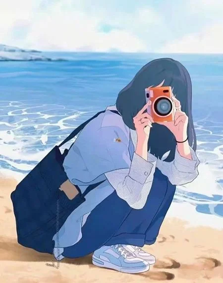 Cô gái chụp ảnh bên bờ biển phong cách anime chill làm hình nền