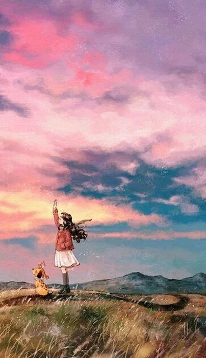 Cô gái ngắm nhìn bầu trời ráng chiều phong cách anime chill