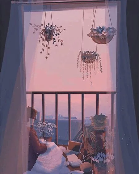Hình nền điện thoại chill với khung cảnh hoàng hôn bên cửa sổ đầy cây xanh