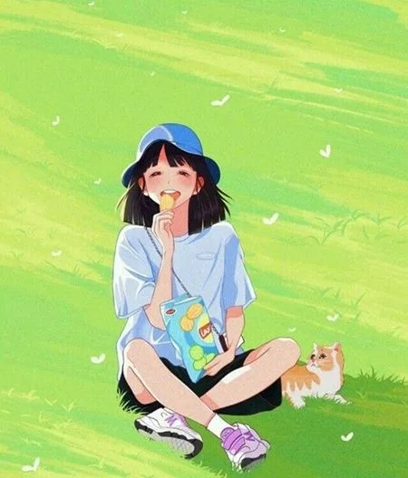 hình nền điện thoại chill với cô gái anime ăn snack trên đồng cỏ