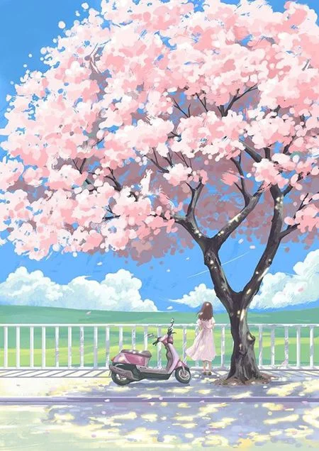 Cây hoa anh đào nở rộ bên đường phong cách chill làm hình nền