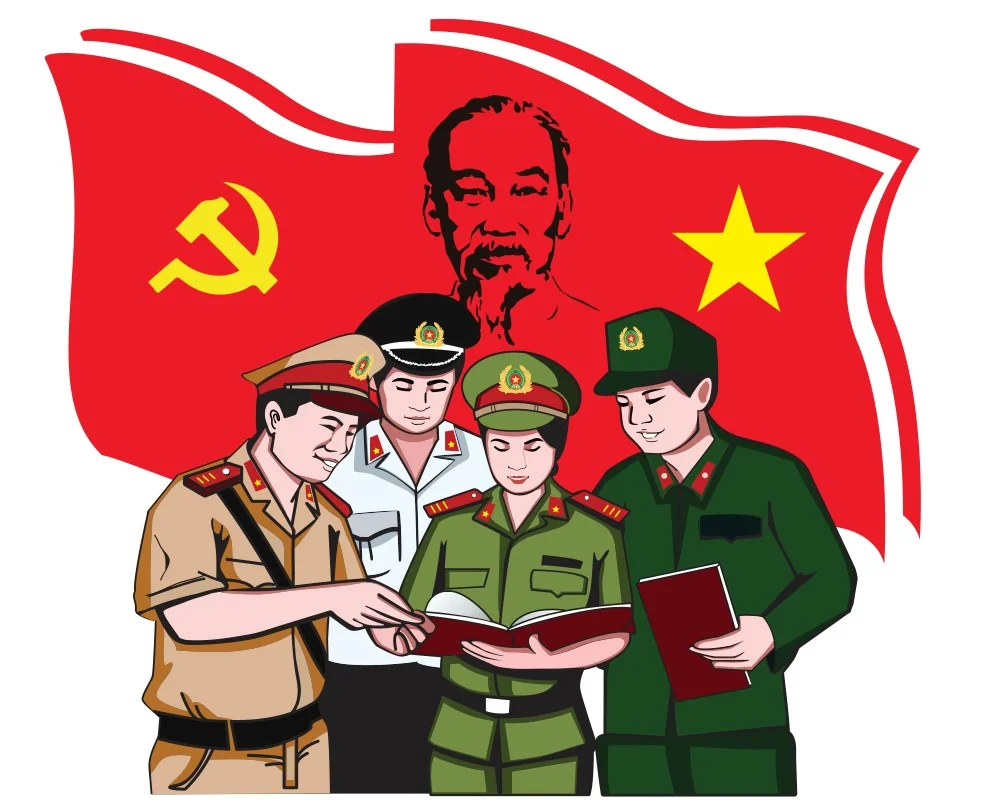 Minh họa các chiến sĩ công an đứng trước nền cờ đỏ và biểu tượng Tổ quốc