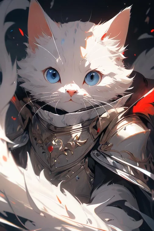 Mèo xám trắng mặc giáp chiến, ảnh mèo cute phong cách anime