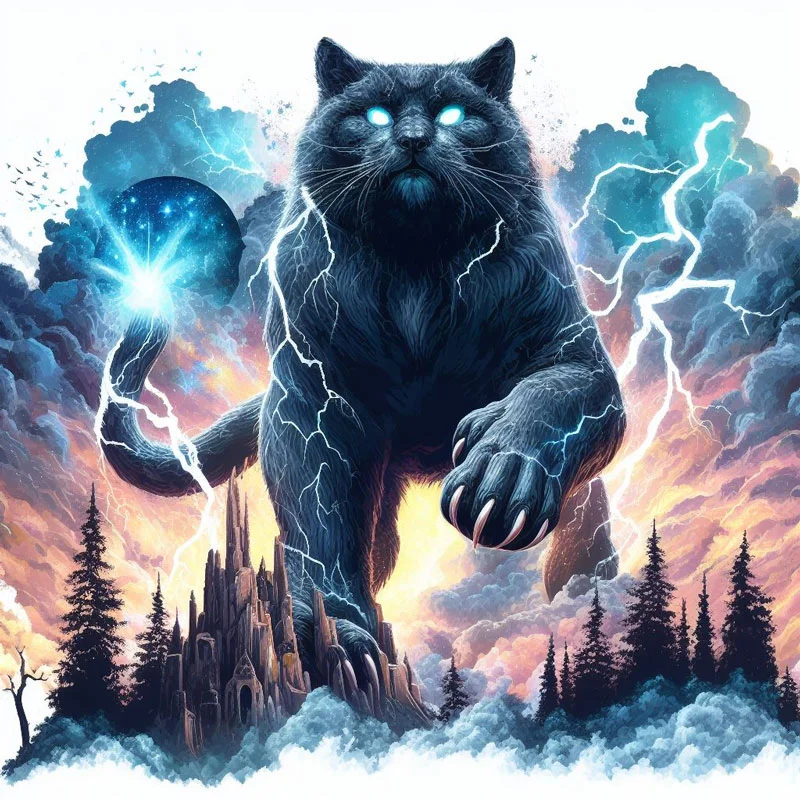 Mèo đen huyền thoại trong ánh sáng xanh, ảnh mèo cute phong cách fantasy