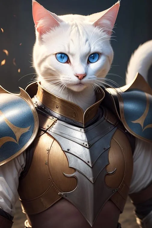 Mèo trắng mặc giáp hiệp sĩ, ảnh mèo cute phong cách fantasy
