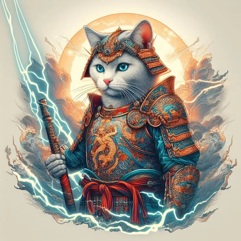 Mèo samurai mặc giáp Nhật và cầm kiếm, ảnh mèo cute mạnh mẽ