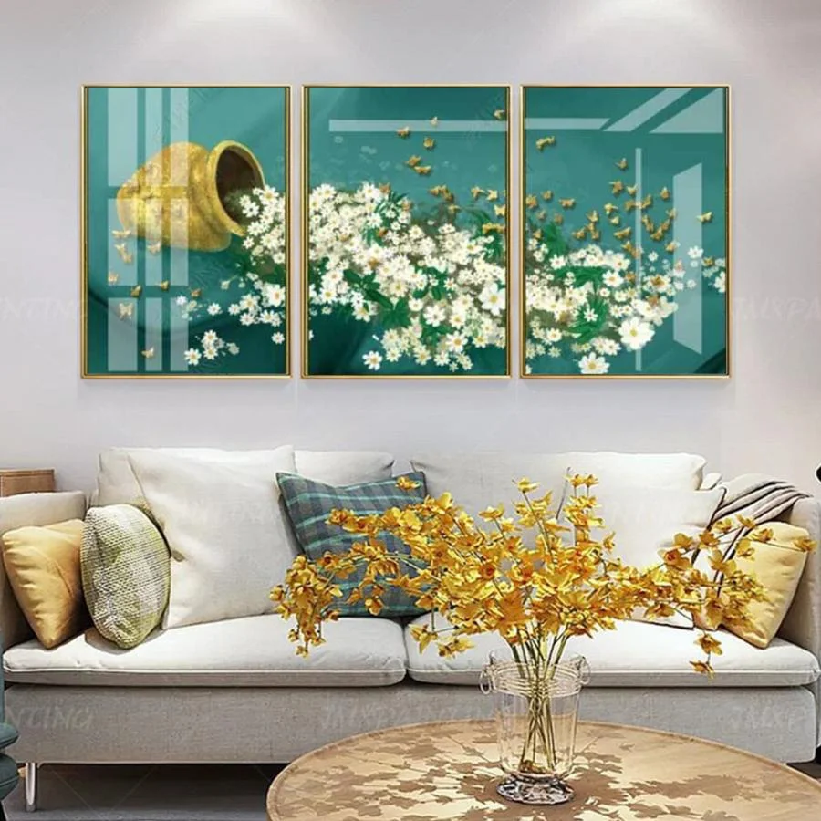 Bộ ba tranh treo tường họa tiết hoa trắng trên nền xanh