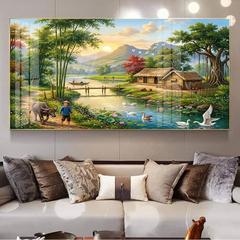 Tranh treo tường phong cảnh làng quê bên hồ và núi