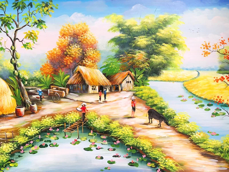 Tranh treo tường phong cảnh làng quê ven sông với hàng cây hoa