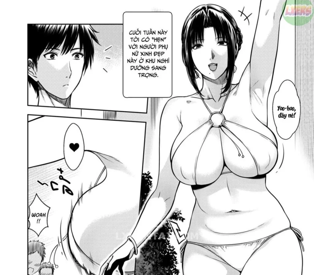 Trang truyện manga phong cách hentai kh che mô tả nhân vật nữ mặc bikini quyến rũ