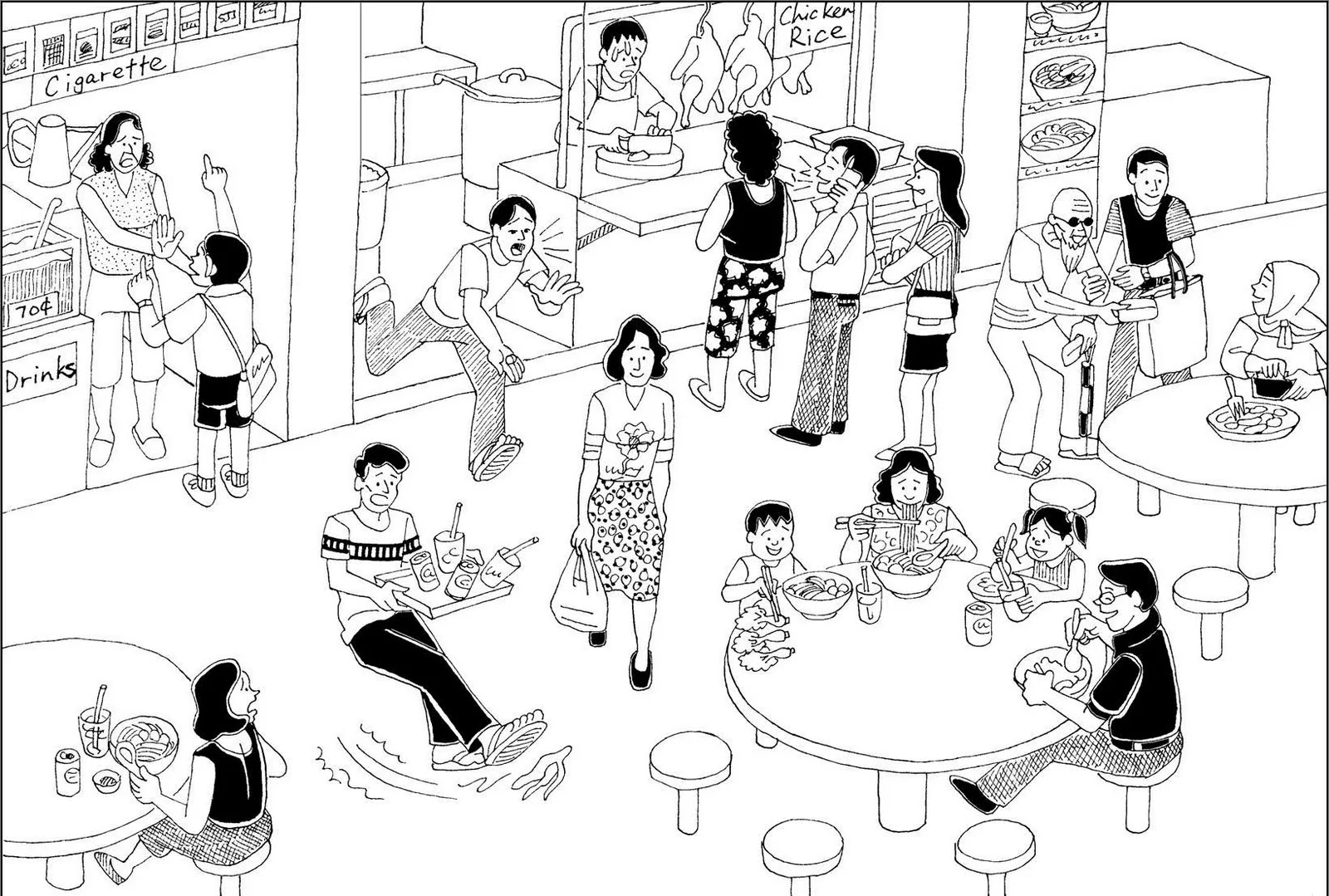 Hình ảnh gái xinh và nhiều thực khách trong một quán ăn đông vui, minh họa đen trắng chi tiết