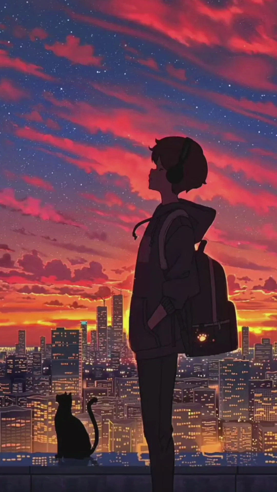 Hình nền chill với nhân vật anime ngắm hoàng hôn trên sân thượng