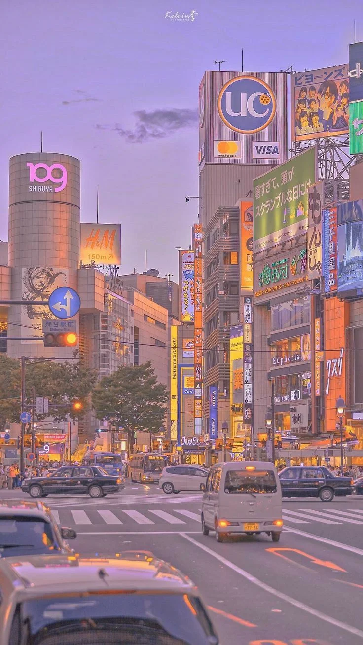 Hình nền chill với khung cảnh đường phố Shibuya thơ mộng lúc hoàng hôn