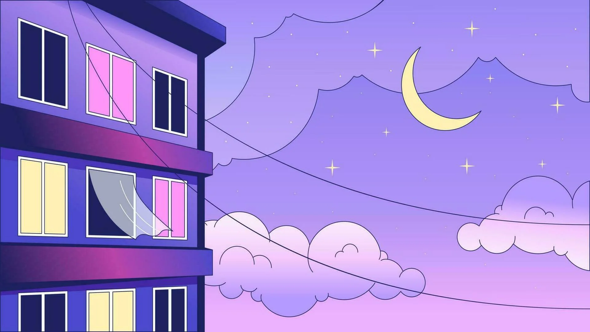Hình nền chill phong cách hoạt hình với tòa nhà dưới ánh trăng và bầu trời tím mộng mơ