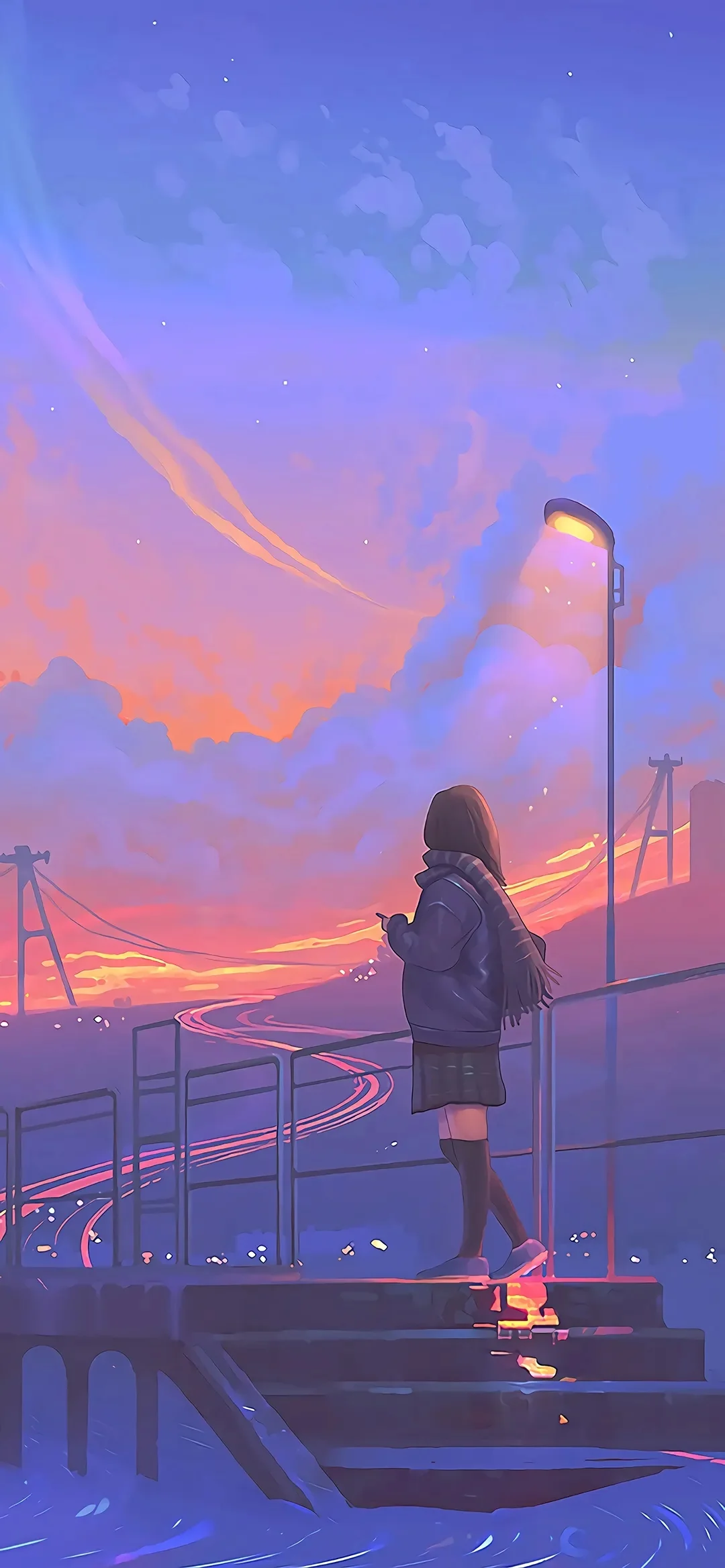Cô gái đứng nhìn hoàng hôn tím hồng đẹp mắt làm hình nền chill cho điện thoại
