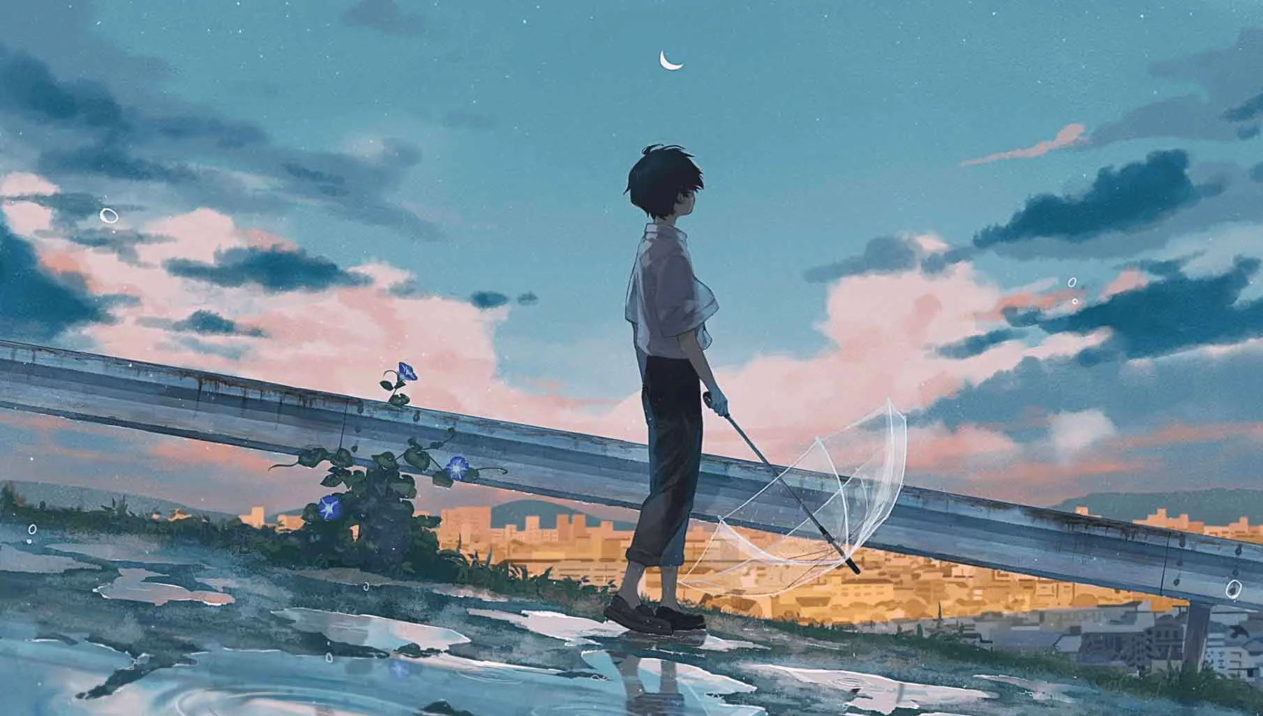 Hình nền chill anime chàng trai cầm ô ngắm nhìn hoàng hôn thành phố